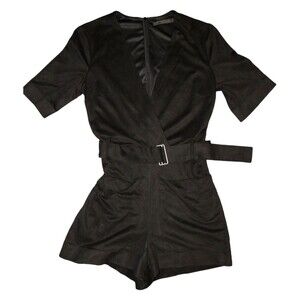 Zara Trafaluc Black Faux Suede V Neck Belted Romper With Pockets Sz XS